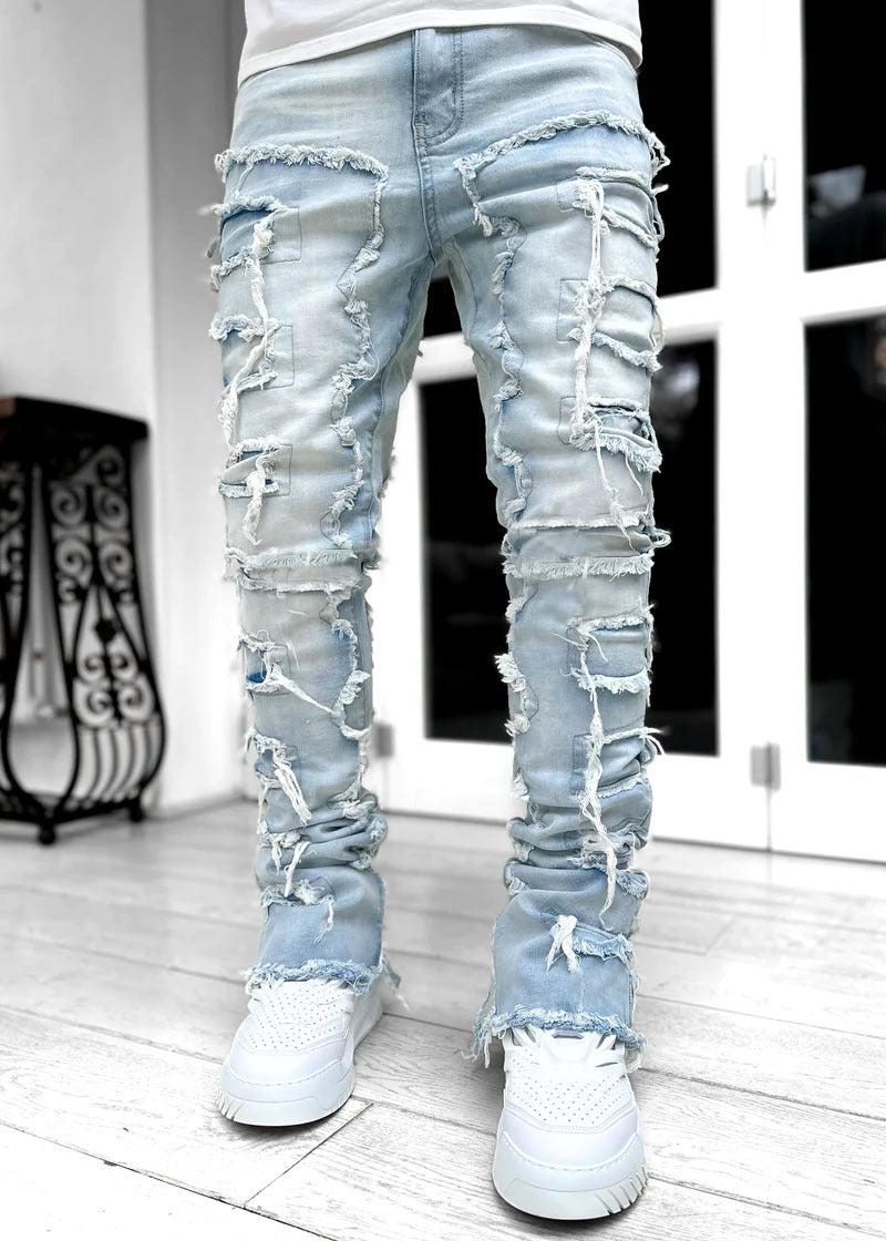 Ins Fringes Ripped Trousers Individual Patched Pants Long Tight Fit Stacked Jeans for Mens Clothing