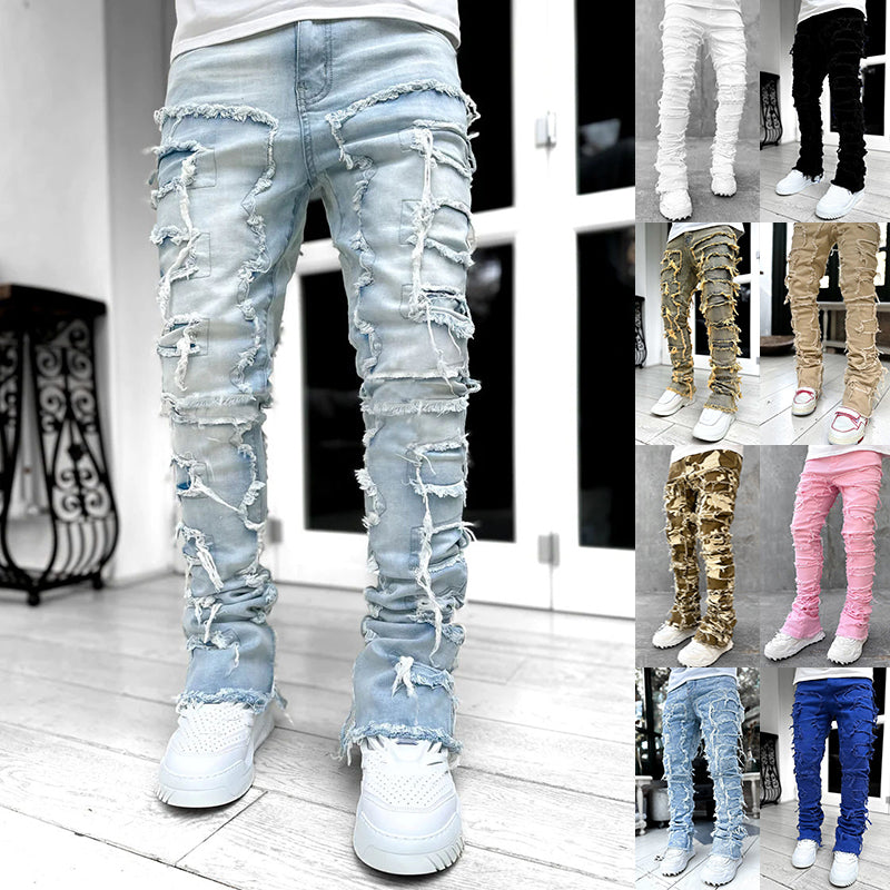 Ins Fringes Ripped Trousers Individual Patched Pants Long Tight Fit Stacked Jeans for Mens Clothing