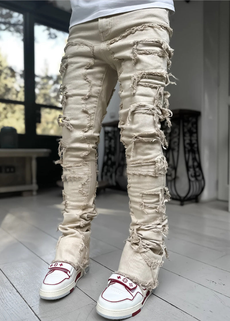 Ins Fringes Ripped Trousers Individual Patched Pants Long Tight Fit Stacked Jeans for Mens Clothing